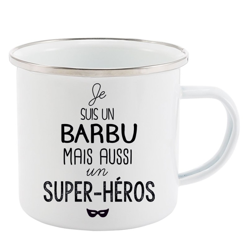 Mug Tasse Rétro en métal émaillé imprimé illustration citation illustration je suis un Barbu mais aussi un super héros