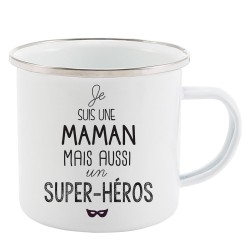 Mug Tasse Rétro en métal émaillé imprimé illustration citation illustration je suis une maman mais aussi un super héros