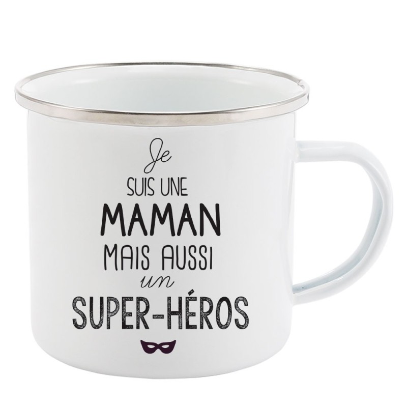 Mug Tasse Rétro en métal émaillé imprimé illustration citation illustration je suis une maman mais aussi un super héros