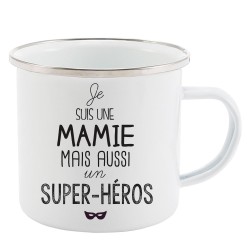 Mug Tasse Rétro en métal émaillé imprimé illustration citation illustration je suis une mamie mais aussi un super héros