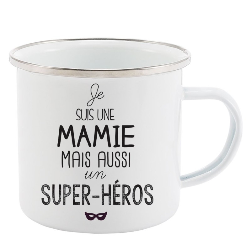 Mug Tasse Rétro en métal émaillé imprimé illustration citation illustration je suis une mamie mais aussi un super héros