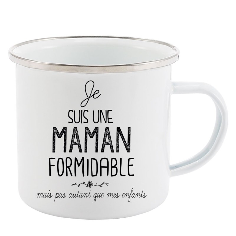 Mug Tasse Rétro en métal émaillé imprimé illustration citation je suis une maman formidable