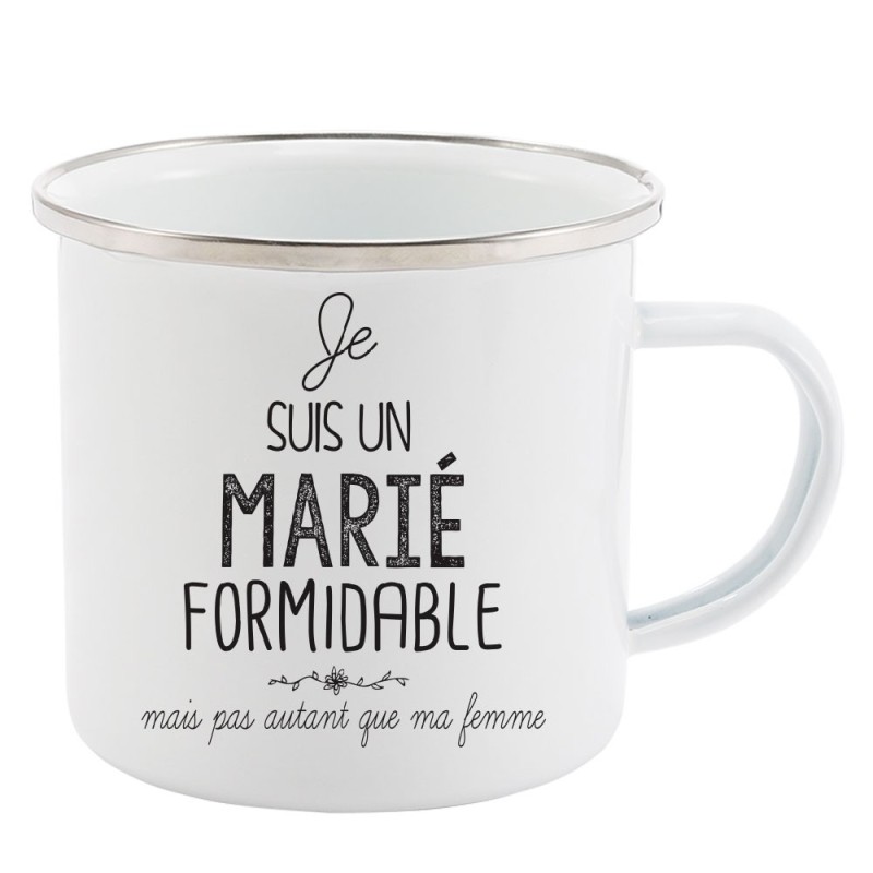 Mug Tasse Rétro en métal émaillé imprimé illustration citation je suis un marié formidable