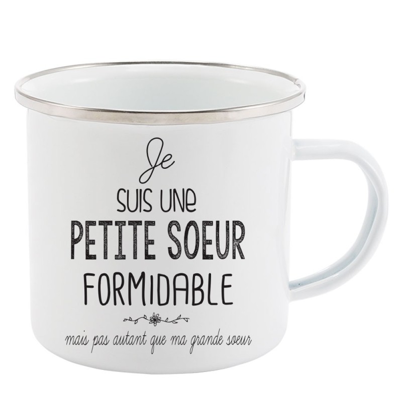 Mug Tasse Rétro en métal émaillé imprimé illustration citation je suis une petite soeur formidable