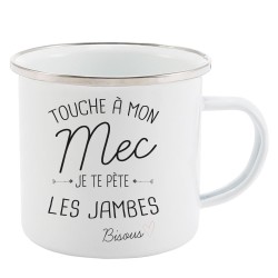 Mug Tasse Rétro en métal émaillé imprimé illustration citation Touche a mon me je te pète les jambes bisou