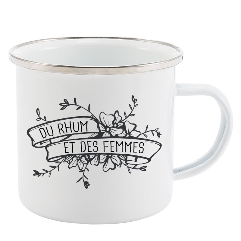 Mug Tasse Rétro en métal émaillé imprimé illustration citation du rhum et des femmes