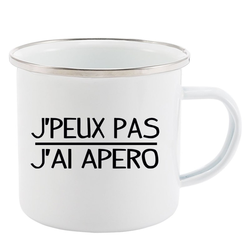 Mug Tasse Rétro en métal émaillé imprimé illustration citation j'peux pas j'ai apéro