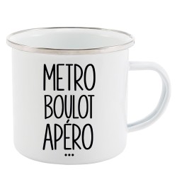 Mug Tasse Rétro en métal émaillé imprimé illustration citation Metro boulot apéro
