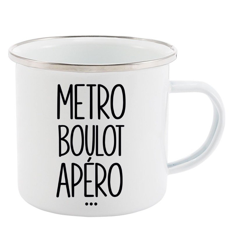 Mug Tasse Rétro en métal émaillé imprimé illustration citation Metro boulot apéro