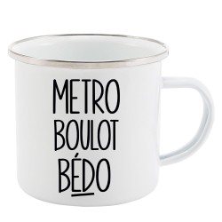Mug Tasse Rétro en métal émaillé imprimé illustration citation Metro boulot bédo