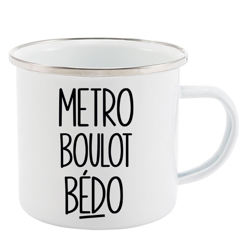 Mug Tasse Rétro en métal émaillé imprimé illustration citation Metro boulot bédo