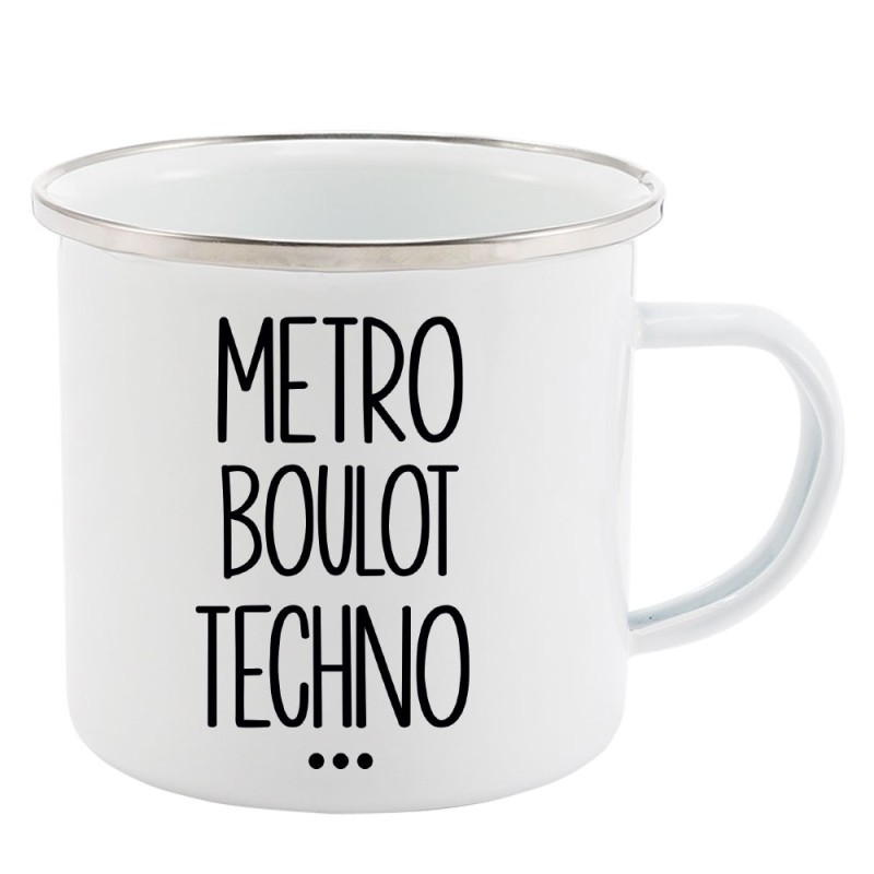 Mug Tasse Rétro en métal émaillé imprimé illustration citation Metro boulot techno