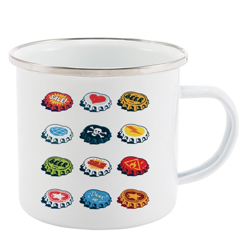 Mug Tasse Rétro en métal émaillé imprimé illustration citation illustration capsule biere