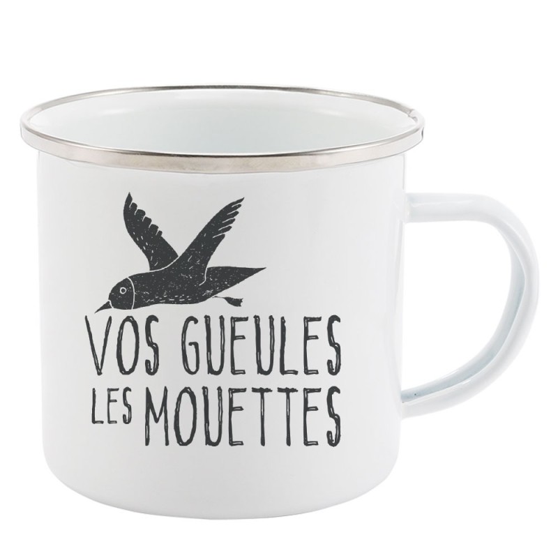 Mug Tasse Rétro en métal émaillé imprimé illustration citation vos gueules les mouettes