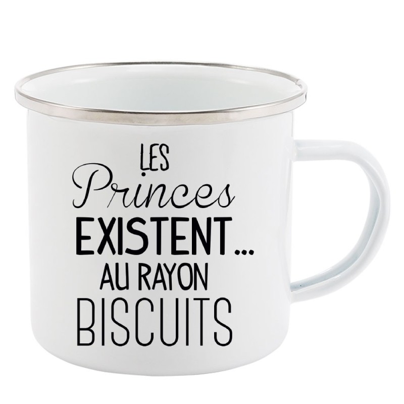 Mug Tasse Rétro en métal émaillé imprimé citation Les princes existent au rayon biscuits