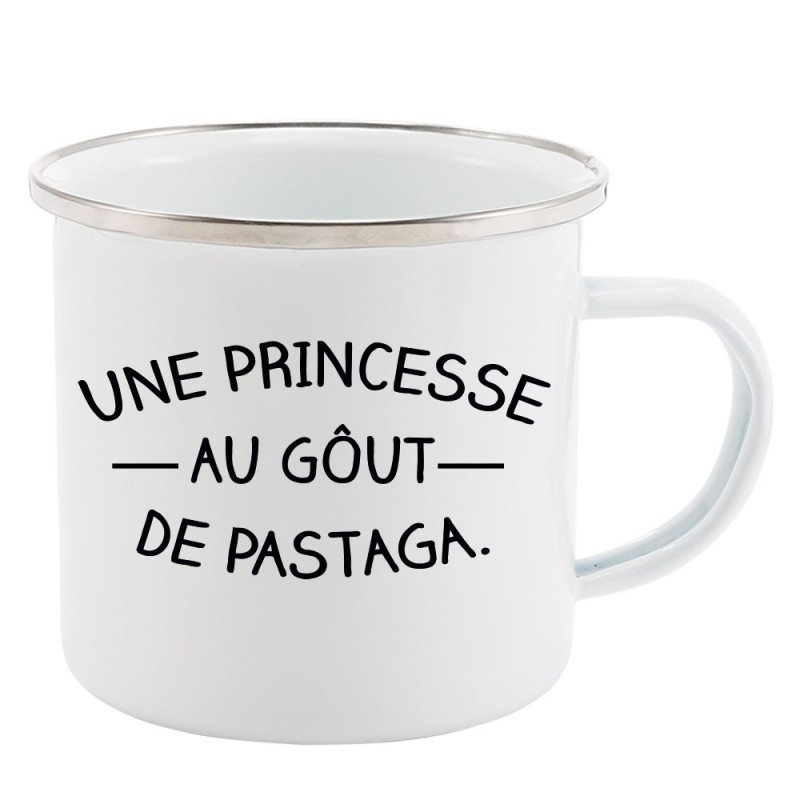 Mug Tasse Rétro en métal émaillé imprimé humour citation Une princesse au gout de pastaga