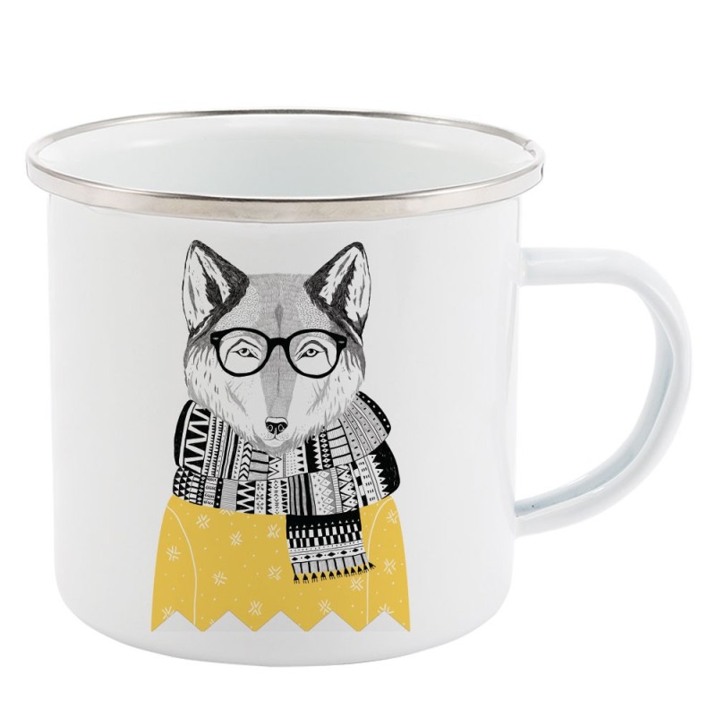 Mug Tasse Rétro en métal émaillé imprimé humour illustration renard indien