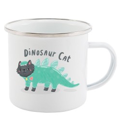 Mug Tasse Rétro en métal émaillé imprimé humour illustration dinosaure chat