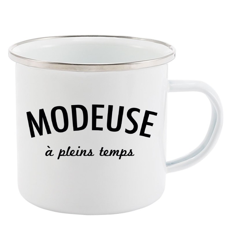 Mug Tasse Rétro en métal émaillé imprimé humour citation Modeuse a pleins temps