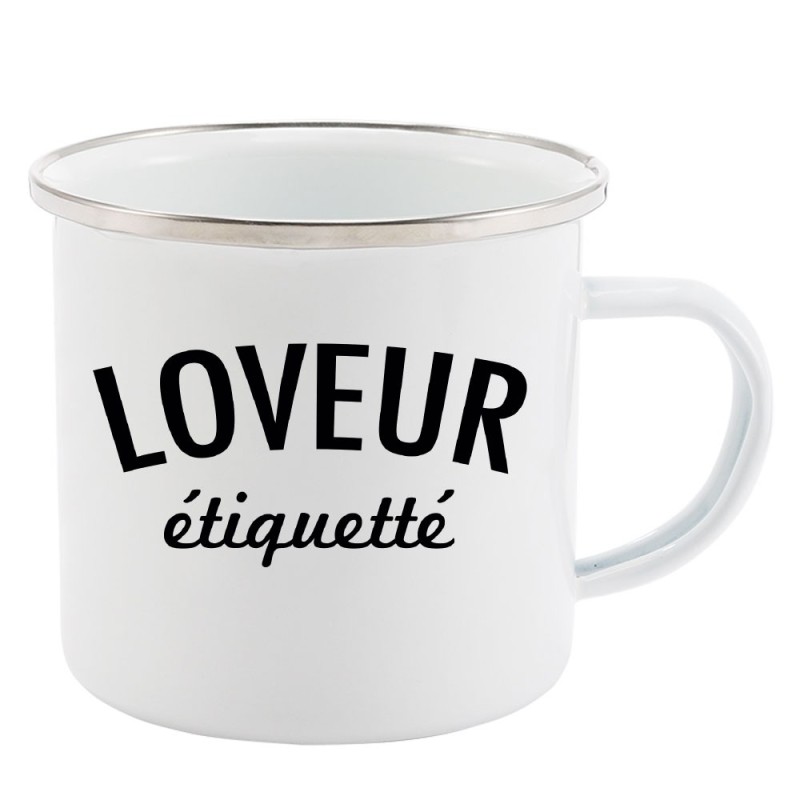 Mug Tasse Rétro en métal émaillé imprimé humour citation Loveur étiquetté