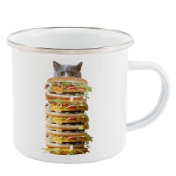 Mug Tasse Rétro en métal émaillé imprimé humour citation Chat hamburger