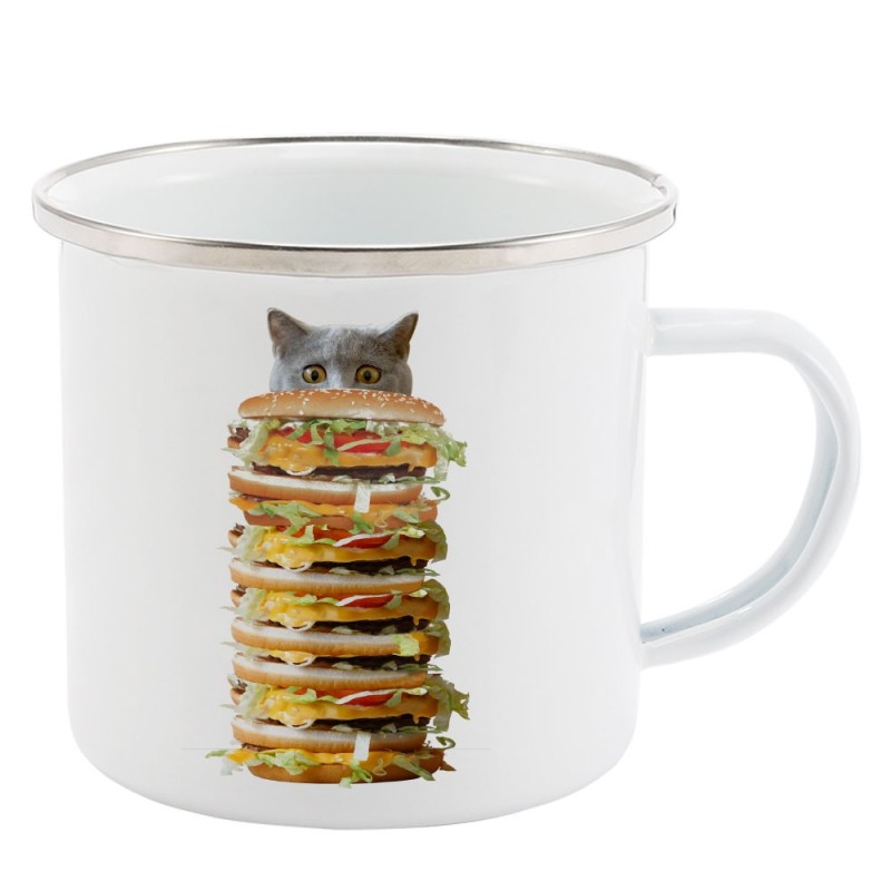 Mug Tasse Rétro en métal émaillé imprimé humour citation Chat hamburger
