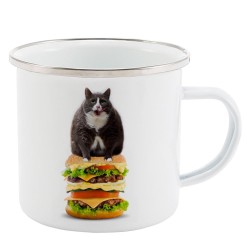 Mug Tasse Rétro en métal émaillé imprimé humour citation Chat hamburger