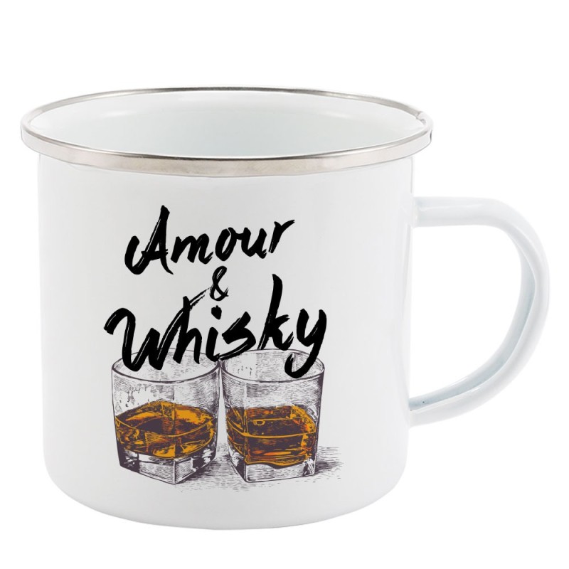 Mug Tasse Rétro en métal émaillé imprimé humour citation Amour & whisky