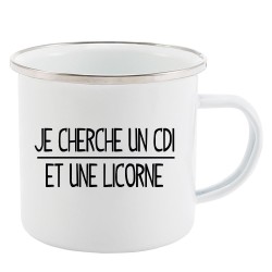 Mug Tasse Rétro en métal émaillé imprimé humour citation Je cherche un CDI er une licorne