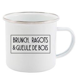 Mug Tasse Rétro en métal émaillé imprimé humour citation Brunch ragots & gueule de bois