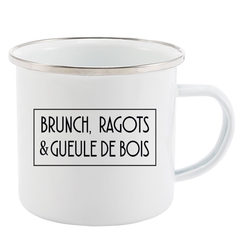 Mug Tasse Rétro en métal émaillé imprimé humour citation Brunch ragots & gueule de bois