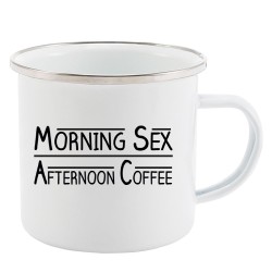 Mug Tasse Rétro en métal émaillé imprimé humour citation Morning sex afternoon coffee