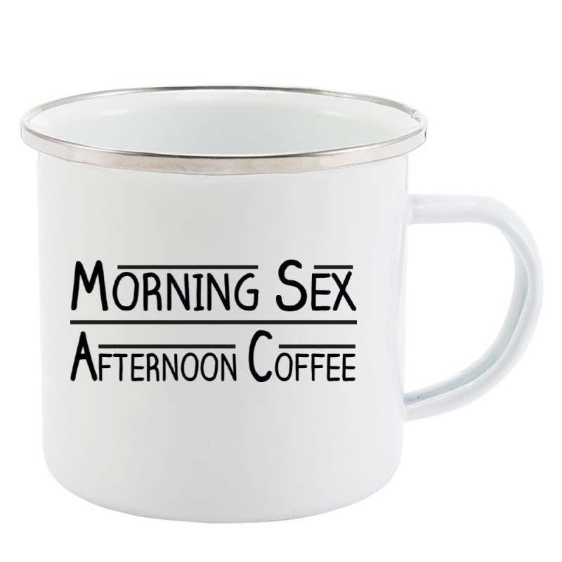 Mug Tasse Rétro en métal émaillé imprimé humour citation Morning sex afternoon coffee