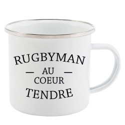 Mug Tasse Rétro en métal émaillé imprimé humour citation Rugbyman au coeur tendre