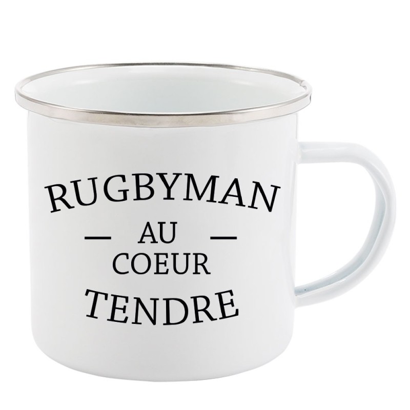 Mug Tasse Rétro en métal émaillé imprimé humour citation Rugbyman au coeur tendre