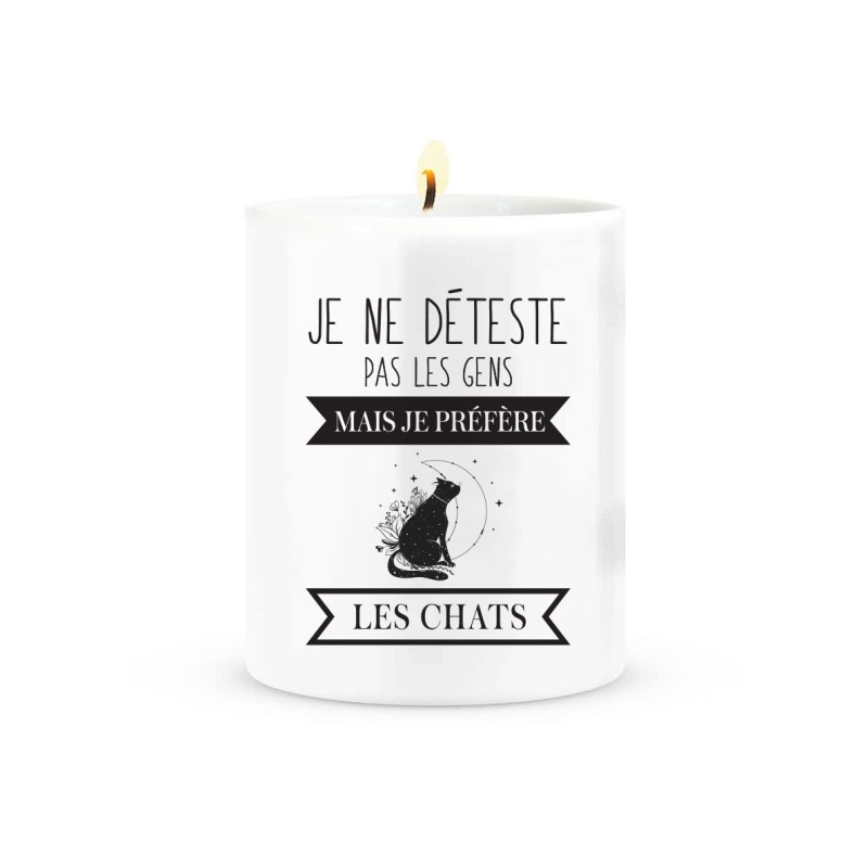 Pot Bougie avec couvercle en liège imprimé citation Je ne déteste pas les gens mais je préfère les chats