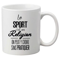 Mug tasse céramique imprimé citation Le sport c'est une religion on peut y croire sans pratiquer
