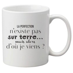 Mug tasse céramique imprimé citation humour La perfection d'existe pas sur terre mais alors d'où je viens ?