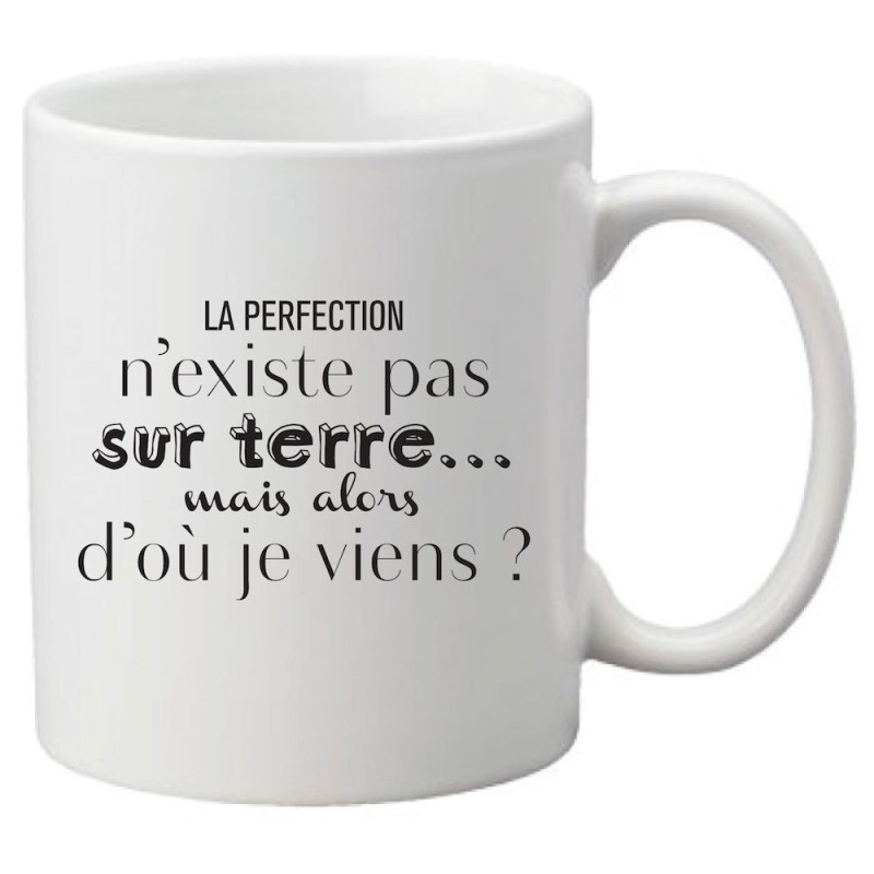 Mug tasse céramique imprimé citation humour La perfection d'existe pas sur terre mais alors d'où je viens ?