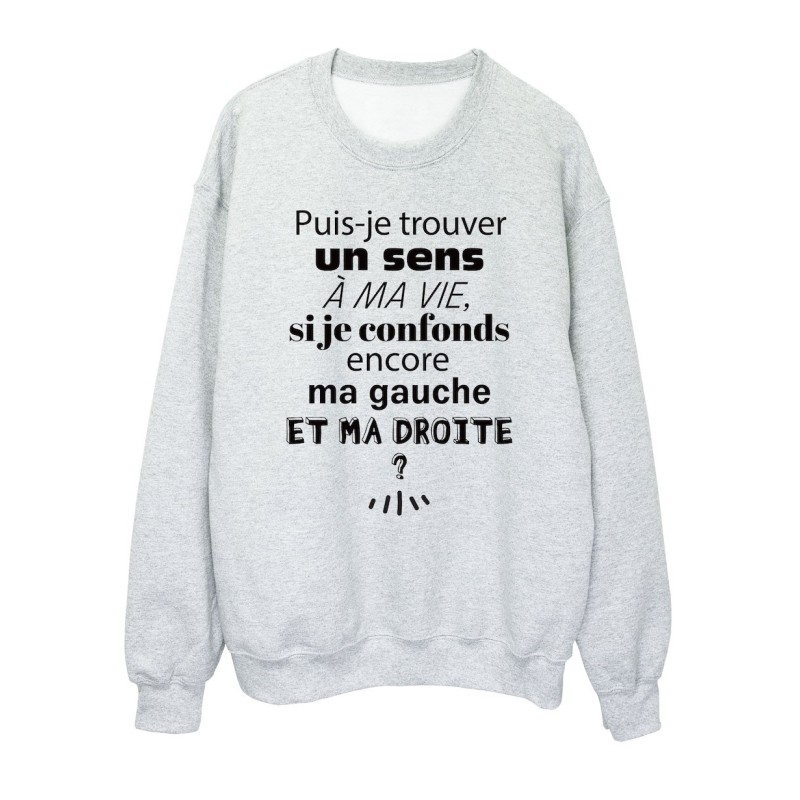 Sweat shirt imprimé citation humour Puis je trouver un sens a ma vie si je confonds encore ma gauche et ma droite
