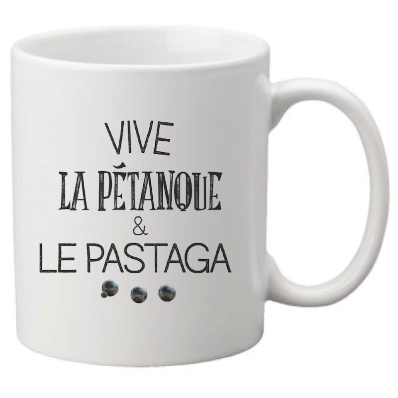 Mug tasse céramique imprimé citation humour illustration citation Vive la pétanque et le pastaga