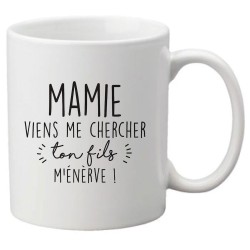 Mug tasse céramique imprimé citation humour illustration Mamie viens me chercher ton fils m'énerve