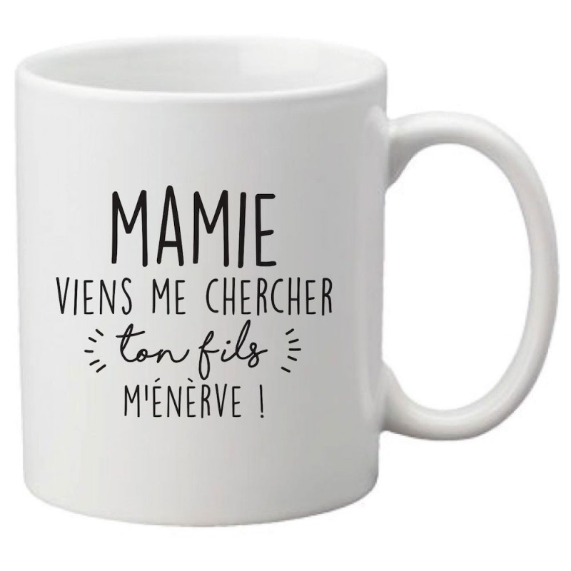 Mug tasse céramique imprimé citation humour illustration Mamie viens me chercher ton fils m'énerve