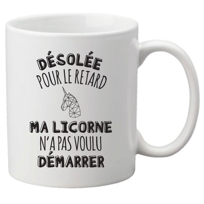 Mug tasse céramique imprimé illustration citation illustration désolée pour le retard ma licorne n'a pas pu démarrer