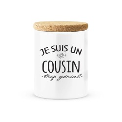 Pot céramique avec couvercle en liège citation imprimé Je suis un cousin trop génial