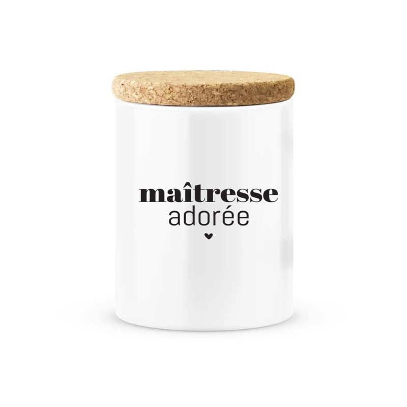Pot céramique avec couvercle en liège citation imprimé Maîtresse adorée