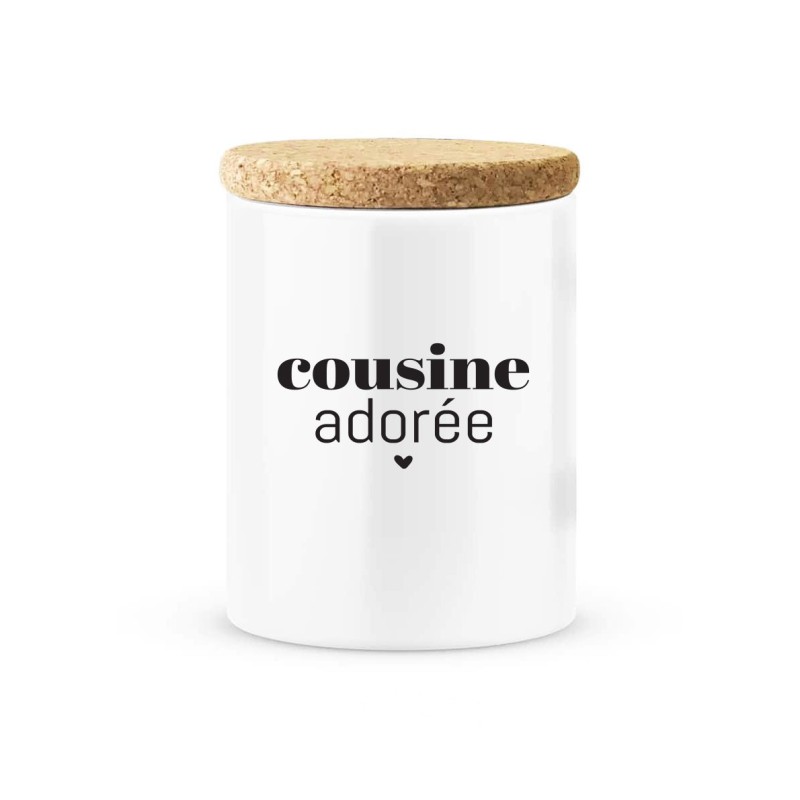 Pot céramique avec couvercle en liège citation imprimé Cousine adorée