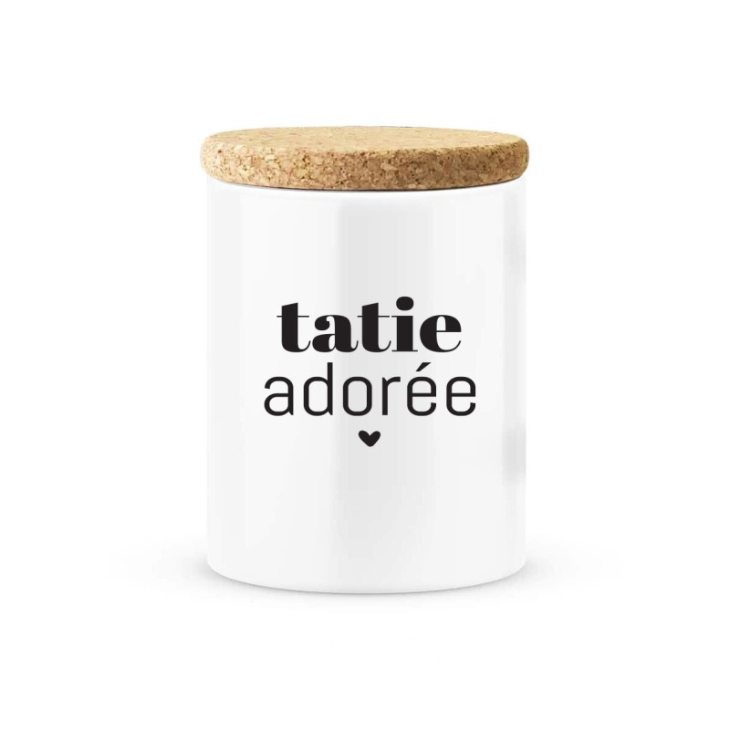Pot céramique avec couvercle en liège citation imprimé Tatie adorée