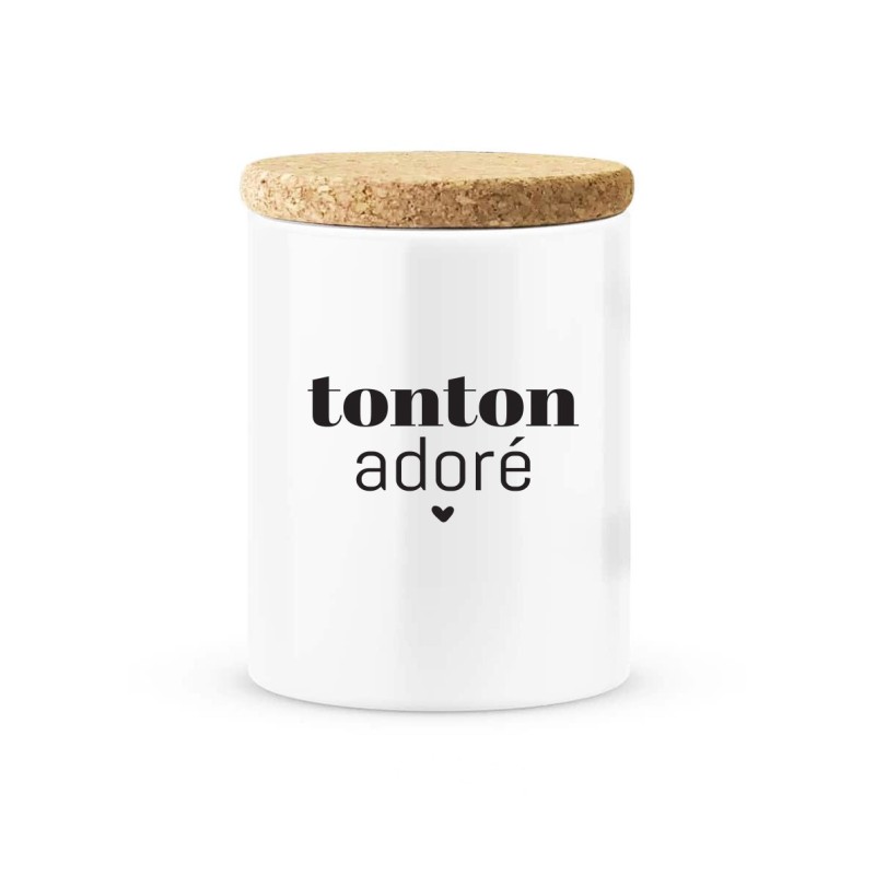 Pot céramique avec couvercle en liège citation imprimé Tonton adoré