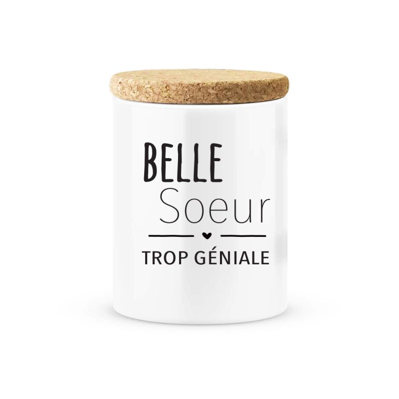 Pot céramique avec couvercle en liège citation imprimé Belle soeur trop géniale